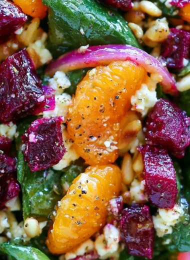 Beet salad with spinach and mandarin oranges in a bowl