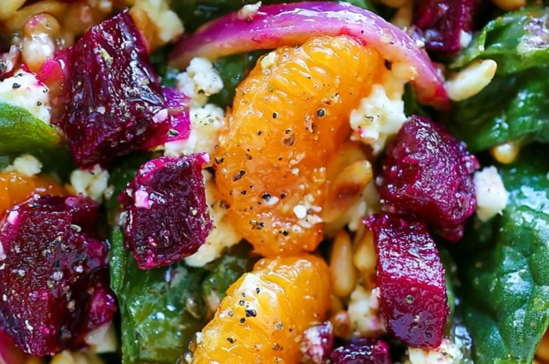 Beet salad with spinach and mandarin oranges in a bowl