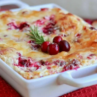 Baked cranberry cream cheese dip in a serving dish with crackers