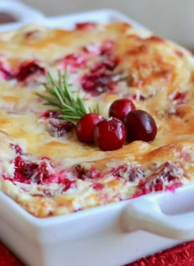Baked cranberry cream cheese dip in a serving dish with crackers