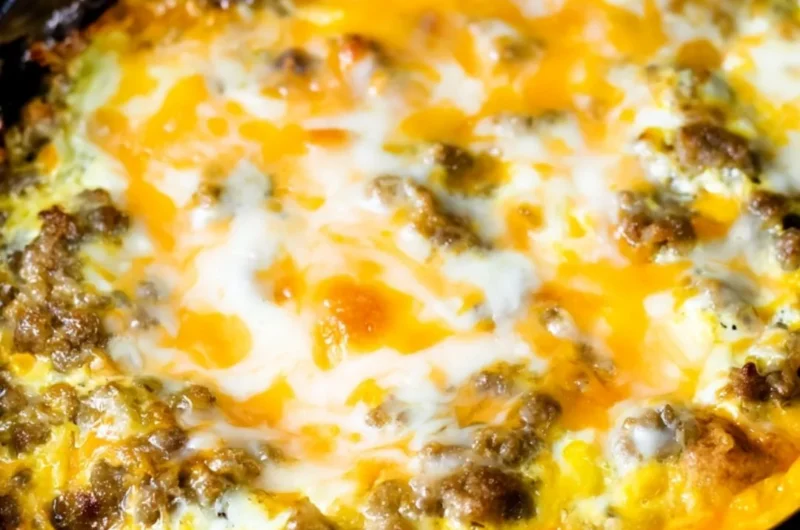 Cheesy Sausage Hashbrown breakfast served on a plate with garnishes