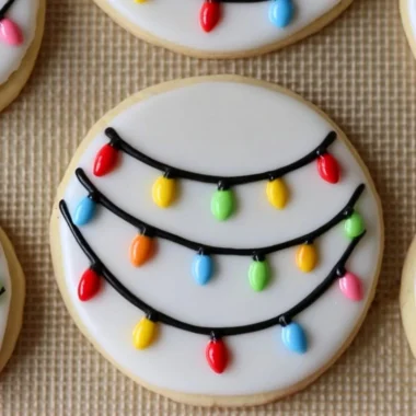 Decorated Christmas lights royal icing sugar cookies on a festive table