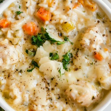 Bowl of creamy chicken rice soup garnished with herbs and spices