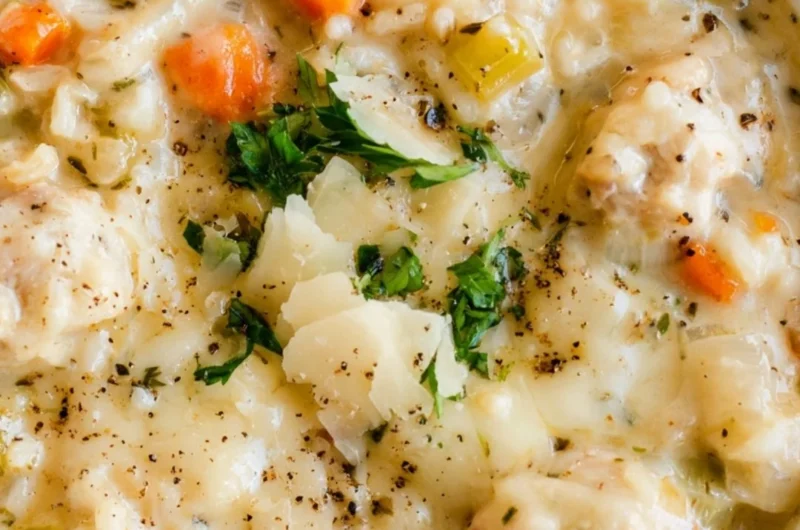 Bowl of creamy chicken rice soup garnished with herbs and spices