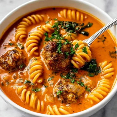 Creamy Italian Meatball Soup garnished with fresh herbs.