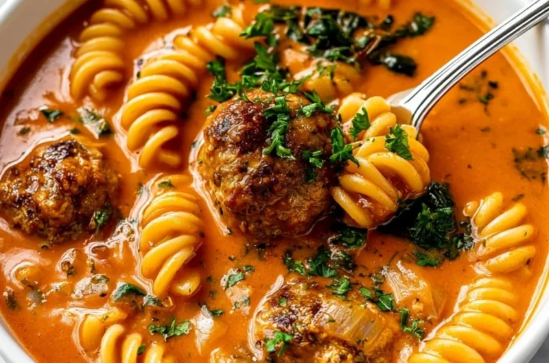 Creamy Italian Meatball Soup garnished with fresh herbs.