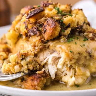 Crockpot chicken and stuffing dish ready to be served