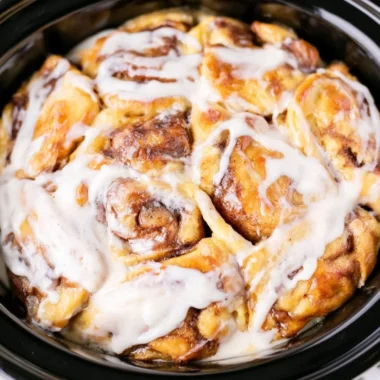 Delicious Crockpot Cinnamon Roll Casserole ready to serve.
