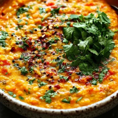 Bowl of Easy 30-Minute Red Lentil Dahl garnished with herbs