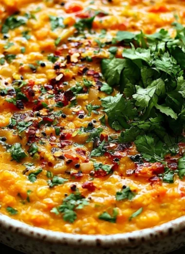 Bowl of Easy 30-Minute Red Lentil Dahl garnished with herbs