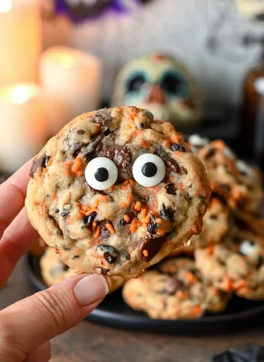Easy Halloween chocolate chip cookies on a festive plate