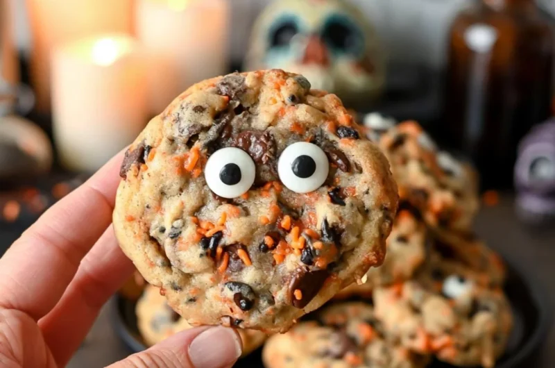 Easy Halloween chocolate chip cookies on a festive plate