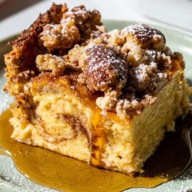 Delicious French Toast Casserole topped with syrup and berries on a plate.