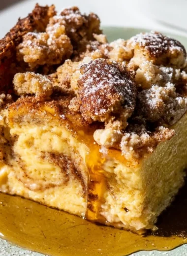 Delicious French Toast Casserole topped with syrup and berries on a plate.