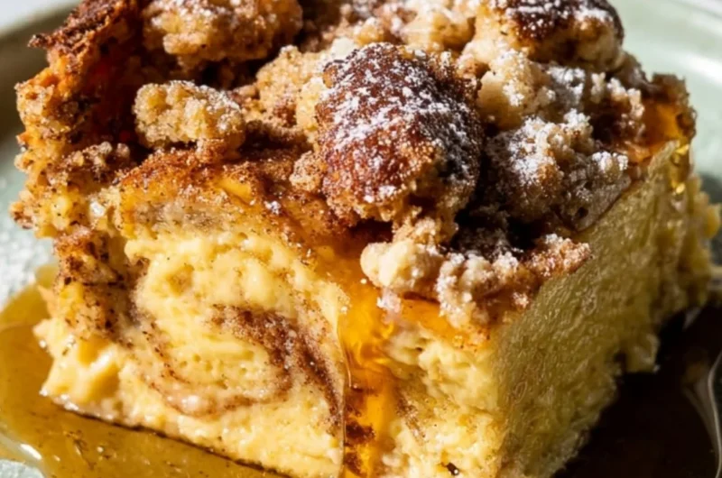 Delicious French Toast Casserole topped with syrup and berries on a plate.