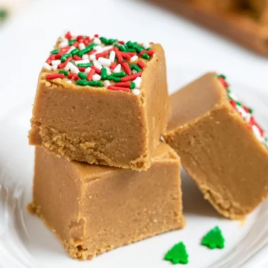 Delicious homemade Gingerbread Fudge on a festive plate