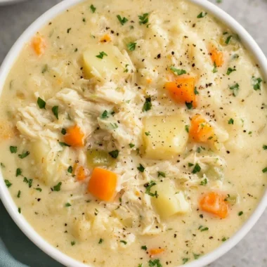 High protein chicken pot pie soup in a bowl with fresh herbs on top.