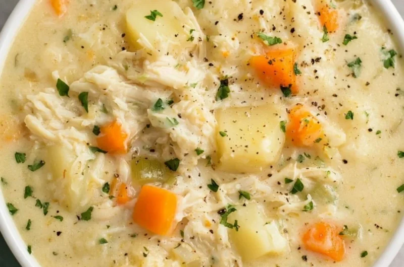 High protein chicken pot pie soup in a bowl with fresh herbs on top.