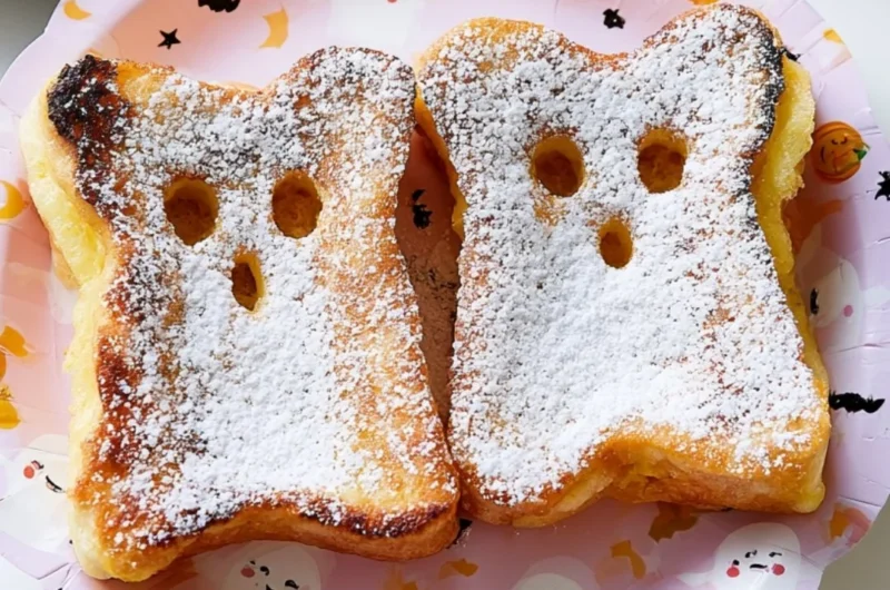 Festive kid's Halloween breakfast with spooky-themed pancakes and treats