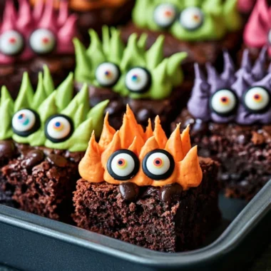 Delicious homemade Monster Brownies with chocolate chips and colorful toppings.