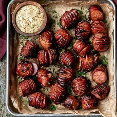 Mustard Hasselback Kielbasa Bites served as appetizers on a platter