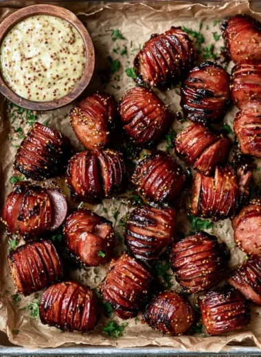 Mustard Hasselback Kielbasa Bites served as appetizers on a platter