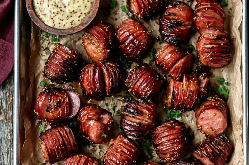 Mustard Hasselback Kielbasa Bites served as appetizers on a platter
