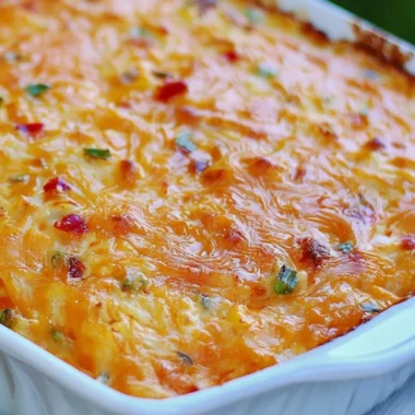 Delicious Pimento Cheese Hash Brown Casserole baked to perfection