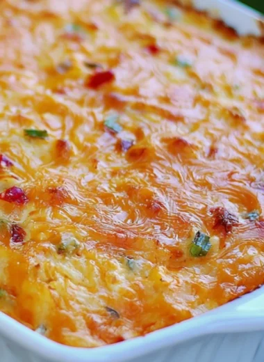 Delicious Pimento Cheese Hash Brown Casserole baked to perfection
