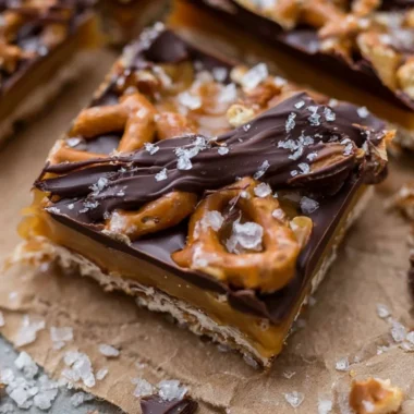 Delicious salted caramel pretzel bark on a white plate with sea salt sprinkles.