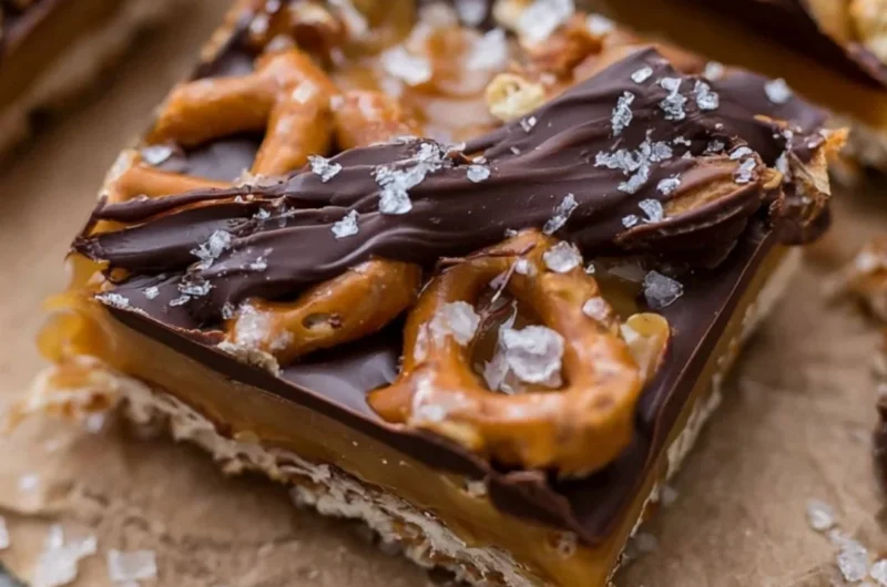 Delicious salted caramel pretzel bark on a white plate with sea salt sprinkles.