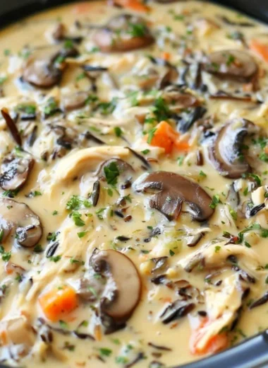 Delicious slow cooker chicken soup with wild rice, perfect for a cozy meal.