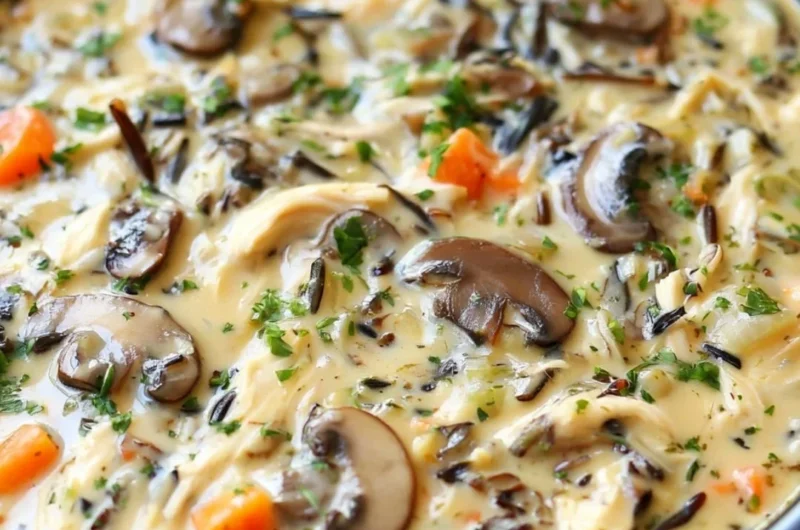 Delicious slow cooker chicken soup with wild rice, perfect for a cozy meal.