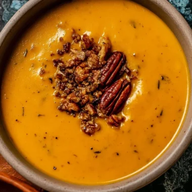 Bowl of creamy Apple Cheddar Sweet Potato Soup with toppings