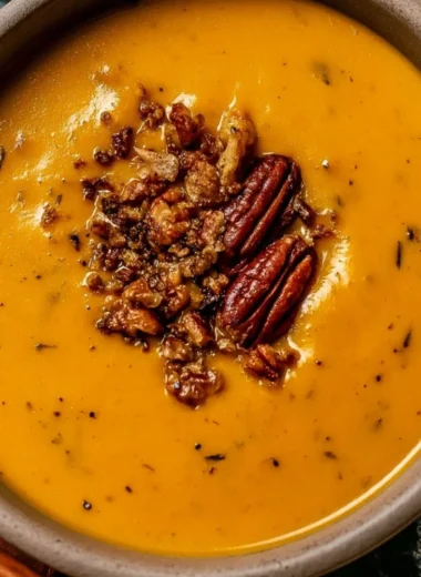 Bowl of creamy Apple Cheddar Sweet Potato Soup with toppings