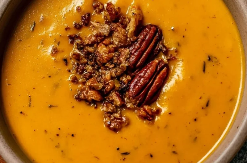 Bowl of creamy Apple Cheddar Sweet Potato Soup with toppings