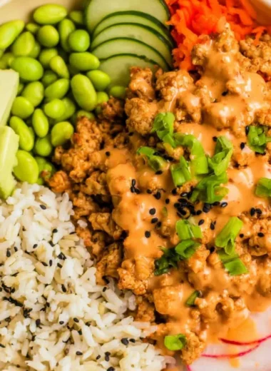 Delicious Bang Bang Ground Turkey Rice Bowls recipe served in a bowl
