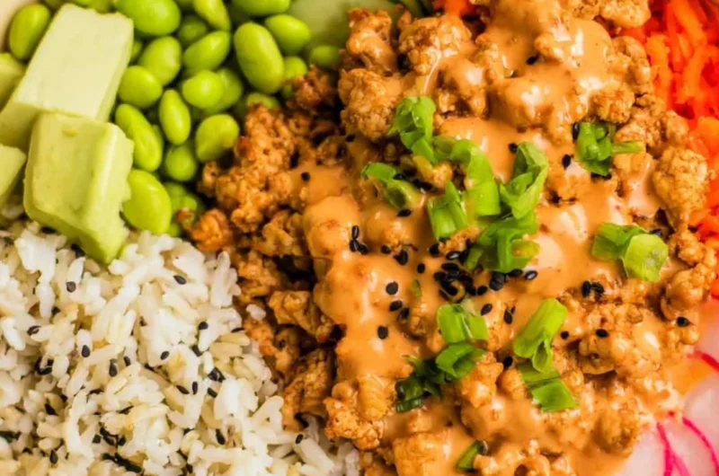 Delicious Bang Bang Ground Turkey Rice Bowls recipe served in a bowl