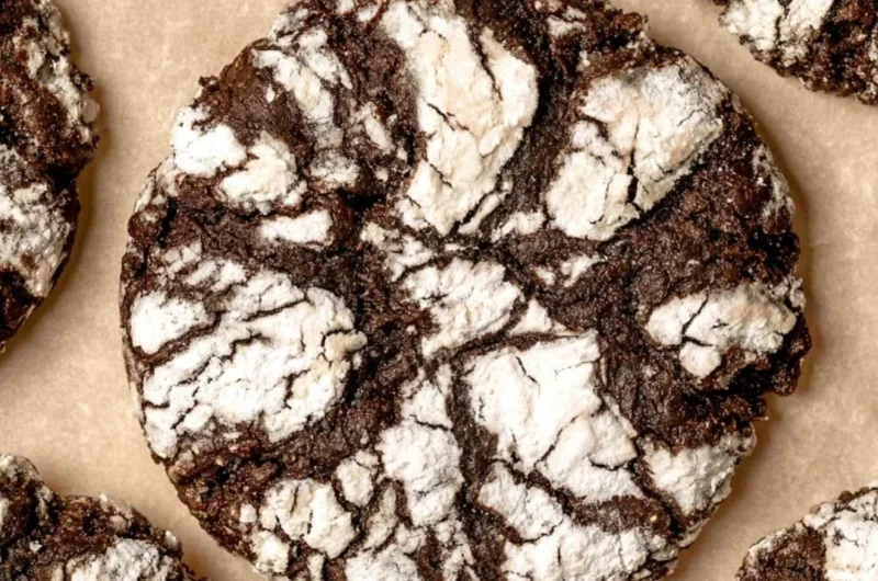 Delicious chocolate crinkle cookies dusted with powdered sugar on a plate.