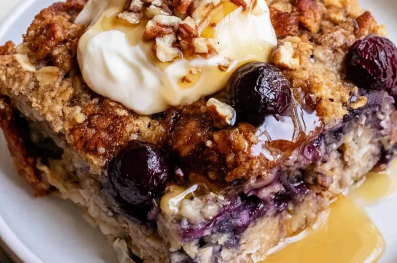 Delicious blueberry baked oatmeal served in a bowl with fresh berries