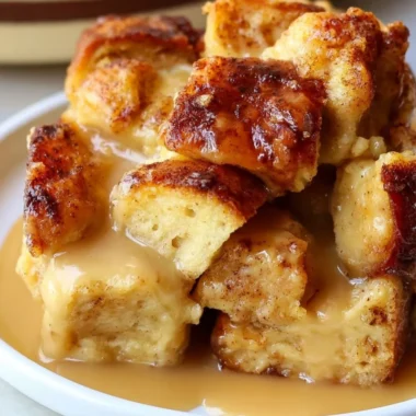 Delicious bread pudding with vanilla caramel sauce served in a dessert dish.