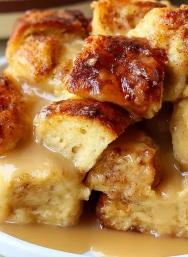 Delicious bread pudding with vanilla caramel sauce served in a dessert dish.