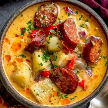 Bowl of delicious Cajun Potato Soup with spices and herbs