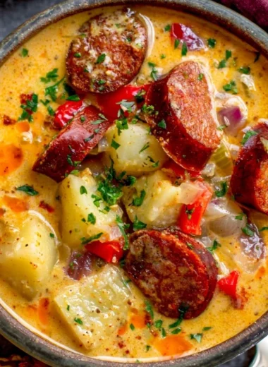 Bowl of delicious Cajun Potato Soup with spices and herbs