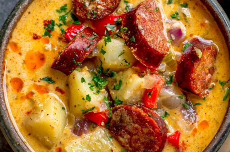 Bowl of delicious Cajun Potato Soup with spices and herbs