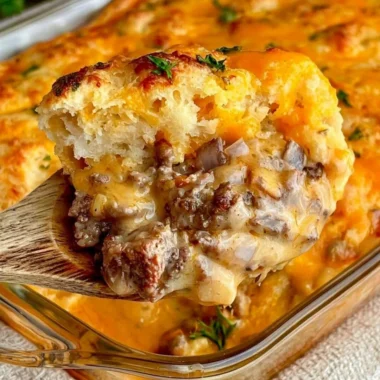 Cheddar Bay Ground Beef Cobbler topped with cheese and flaky biscuit crust