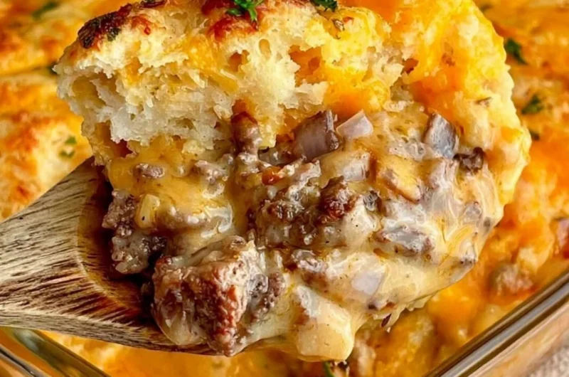 Cheddar Bay Ground Beef Cobbler topped with cheese and flaky biscuit crust