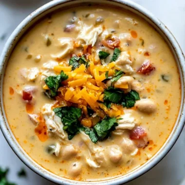 Creamy Southwestern white chicken chili served in a bowl garnished with cilantro.