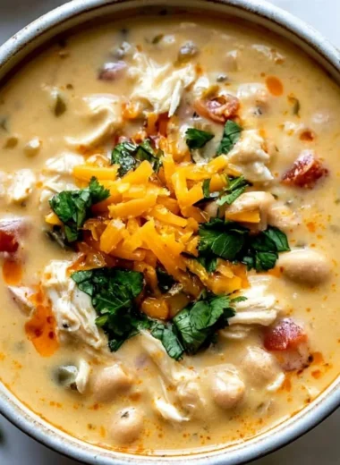 Creamy Southwestern white chicken chili served in a bowl garnished with cilantro.