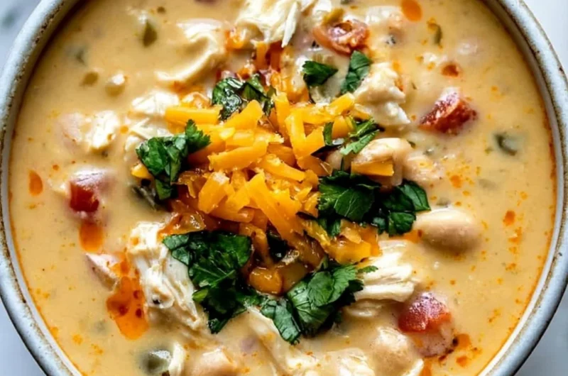 Creamy Southwestern white chicken chili served in a bowl garnished with cilantro.